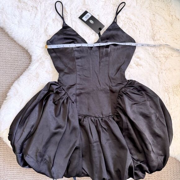 Heiress Satin V Neck Balloon Mini Dress XXS - Black - Picture 2 of 4